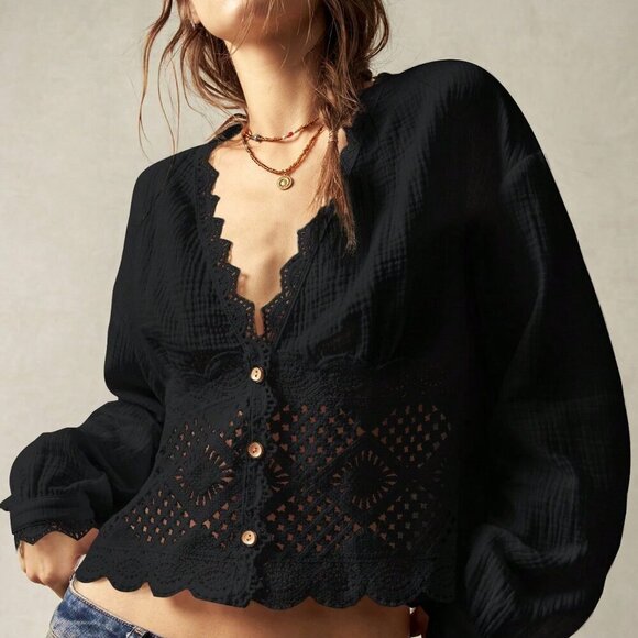 Tops - Black Casual Women's Woven V-Neck Lantern Sleeve Lace Trim Loose Fit Blouse